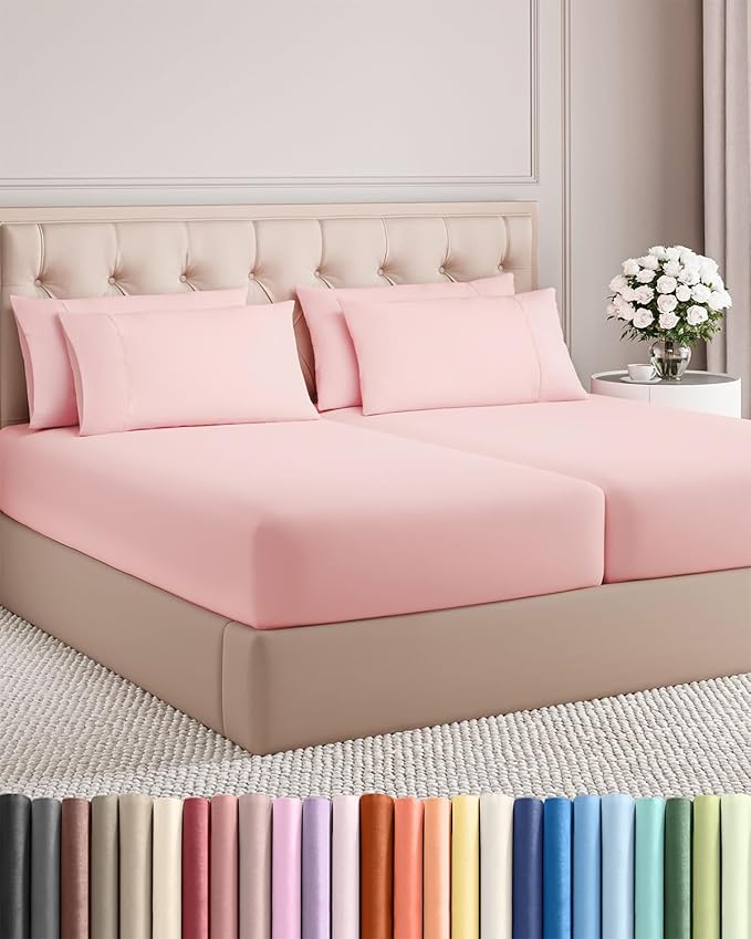 Split King 7 Piece Sheet Set - Cooling & Breathable Bed Sheets - Hotel Luxury Bed Sheets for Women, Men, Kids & Teens - Deep Pockets - Easy Fit - Soft and Wrinkle Free - Split King Baby Pink Sheets