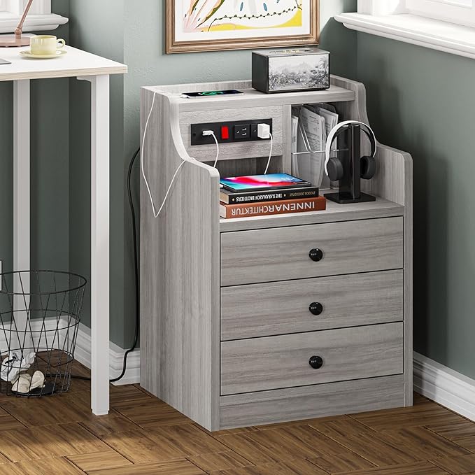 ADORNEVE Nightstand Set 2,Gray Nightstand with Charging Station & Hutch,Night Stands for Bedrooms Set of 2,Bedside Table with Drawers