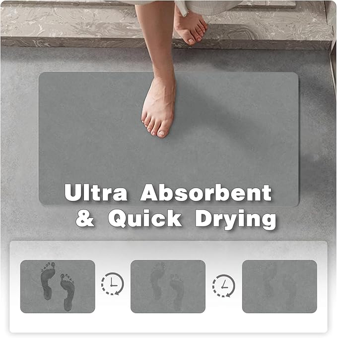 Bathroom Mat Quick Dry, Bathroom Rugs Non Slip Washable Thin Absorbent Bath Mat Fits Under Door Bathroom Floor Mat Perfect for Bath, Shower, or Sink 16"x24" Light Grey