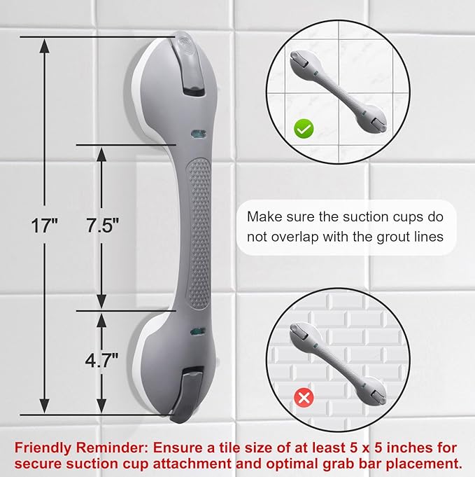 Suction Grab Bar for Shower Bathtub: Upgraded Heavy Duty Non-Slip Grip Handle with Strong Suction Cup for Bathroom Wall, Max Load 269LBS Safety Bar for Elderly Senior (Grey, 17 inches)