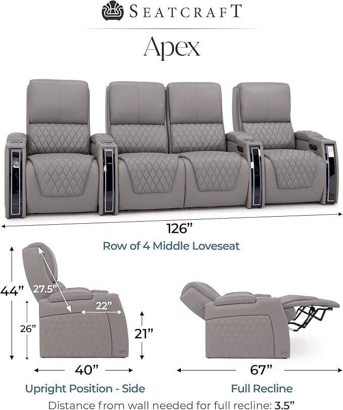 Seatcraft Apex Zero-Gravity CoolZero Italian Leather Home Theater Seating, Powered Headrest, Powered Lumbar, Powered Recline, Row of 4 Middle Loveseat, Gray