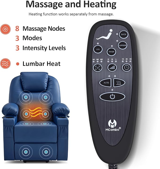MCombo Power Lift Recliner Chair for Elderly, Lift Chair with Heat and Massage, FSC Certified, USB Ports, Cup Holders, Faux Leather 7141 (Blue, Small)