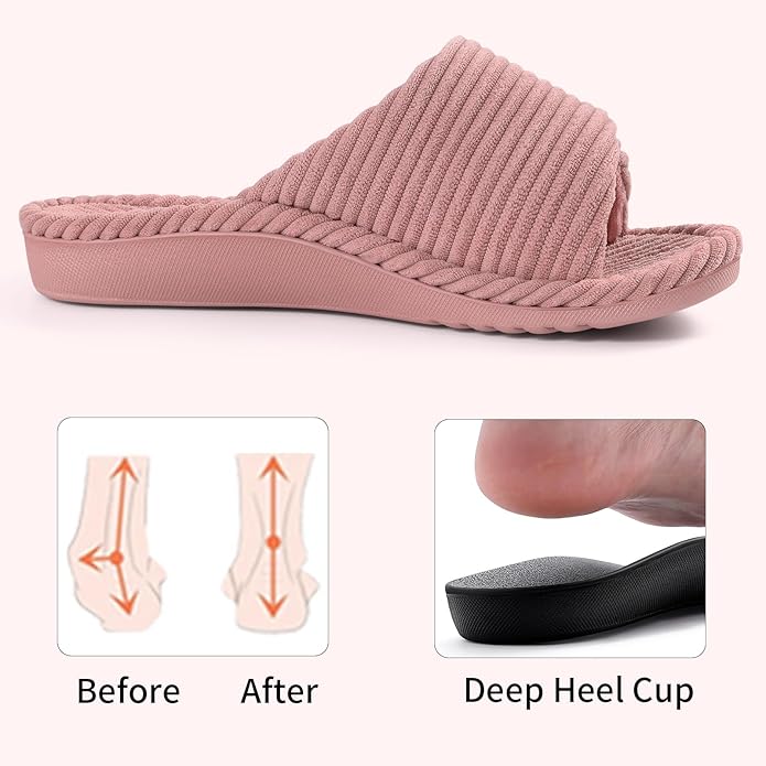 Litfun Orthopedic House Slippers for Women Adjustable Arch Support Indoor Slippers Open Toe Corduroy Bedroom Shoes