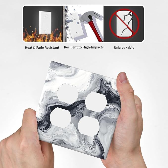Abstract Marble Ink Texture Grey Marble Print Outlet Covers 2 Gang Double Duplex Decorative Light Switch Covers Electrical Wallplates Socket Faceplate for Bathroom Kitchen Decor