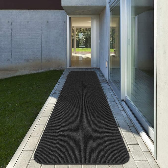 House, Home and More Indoor Outdoor Double-Ribbed Carpet Runner with Skid-Resistant Rubber Backing - Smokey Black - 4 Feet x 30 Feet