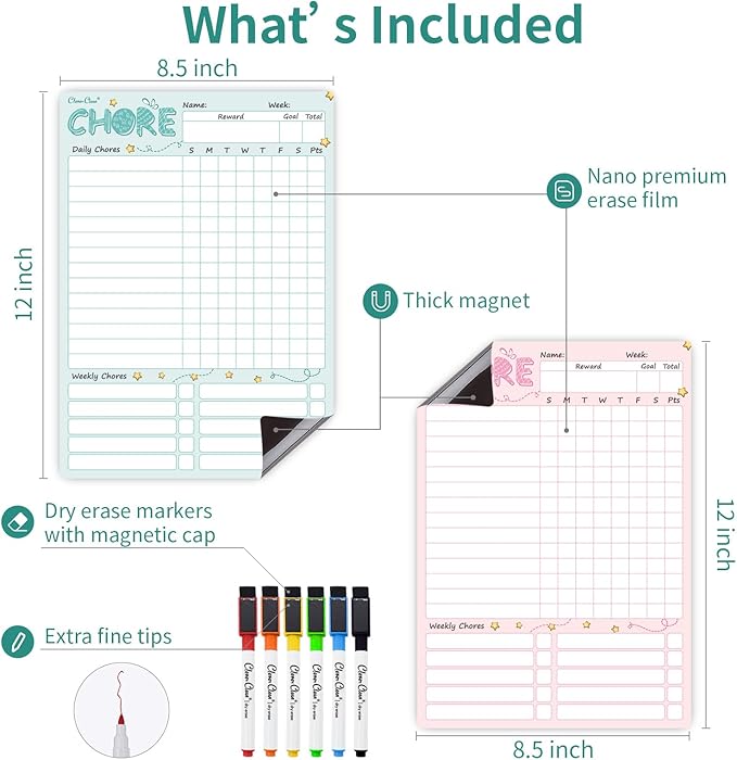 Magnetic Dry Erase Chore Chart - 8.5"x12" Behavior Responsibility Chore Board for Kids, Teenagers - 6 Extra Fine Point Markers Included - Shipped Flat 2 Pcs Blue & Pink