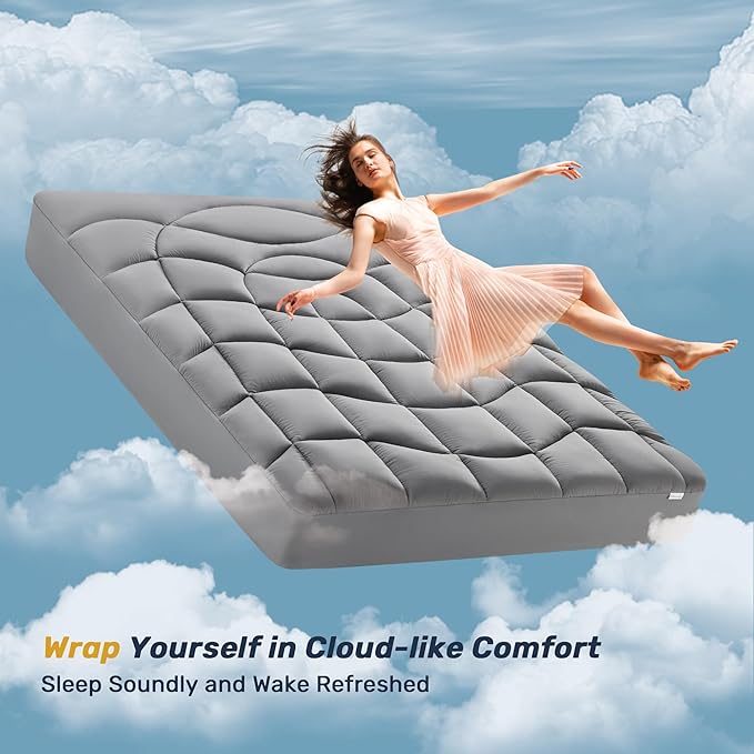 Unikome King Mattress Pad Waterproof, Ergonomic Quilted Mattress Topper for Back Pain Relief – Breathable Bed Cover with Deep Pocket (Fits 8-21 Inches), Noiseless & Machine Washable (Grey, 78x80)