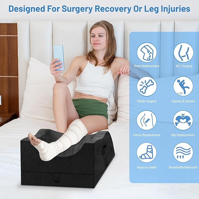 Double Leg Elevation Pillows, Wedge Pillow for After Surgery, Memory Foam Support Adjustable, Comfort Care for Back Knee Hip Ankles Pain, Knee Pillow for Sleeping Blood Circulation Black