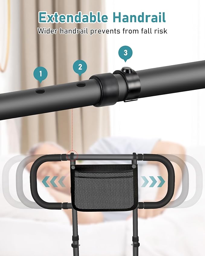 AMOVO Bed Rails for Elderly Adults Safety Bed Guard Rails for Seniors Extended Handle Bed Assist Rail with Sensor Light Storage Pouch, Stable Bedside Cane Support Bar Grab, Fit King Queen Full Twin