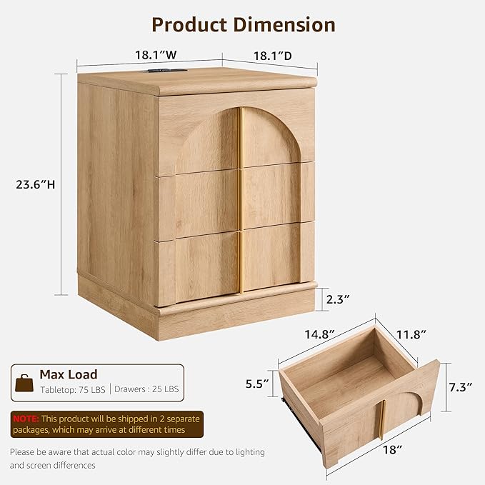 ACCOHOHO Modern Night Stand Set 2 with Arched Panel, 18" Nightstand with Charging Station, Side Table with 3 Storage Drawers, Wood Square Bedside End Table for Bedroom Living Room, Natural Oak