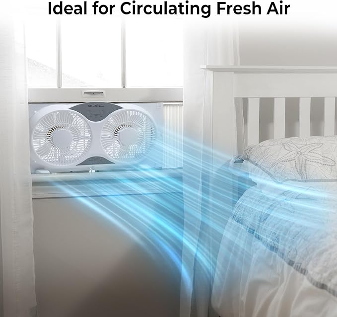 Comfort Zone Twin Window Fan with Remote Control, Removable Cover, Reversible, 9 inch, 3 Speed, 3 Function, Expandable, Exhaust, Airflow 8.40 ft/sec, Ideal for Home, Kitchen, Bedroom & Office, CZ310R
