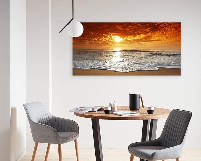Muolunna S04698 Canvas Prints Wall Art Sunset Ocean Beach Pictures Paintings for Living Room Bedroom Home Decorations Framed Ready to Hang Seascape Waves Artwork