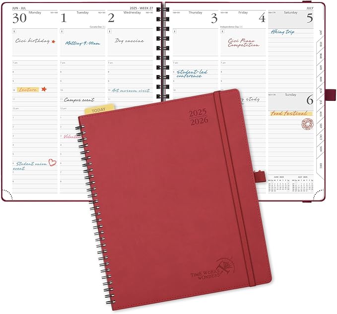 POPRUN Planner 2025-2026 (Large - 8.5'' x 10.5'') Academic Weekly Calendar (July 2025 - June 2026) with Hourly Time Slots, Monthly Tabs, 100GSM Thick Papers, Spiral Leather Cover - Burgundy Red