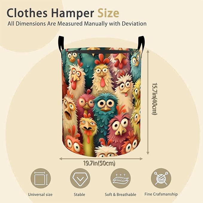 Funny Crazy Chicken Laundry Basket Hamper for Boys Girls Kids Adults, Foldable Waterproof Oxford Clothes Storage Bin, Colorful Cartoon Farm Organizer for Bedroom Bathroom Room Decor 19.7"x15.8"
