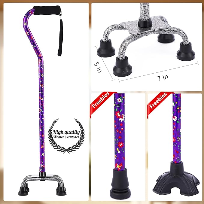 Walking Cane for Women & Men, Adjustable Quad Cane with 4-Prong Base for Stability and Balance, Folding Aluminum Walking Stick for Seniors