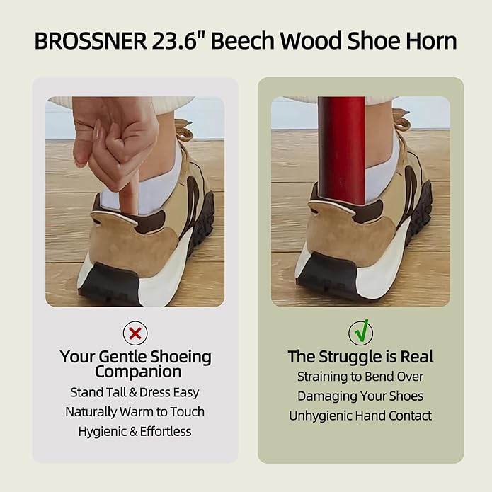 Wooden Shoe Horn Long Handle For Seniors 23.6" Easy Wear Helper Shoehorns Women Kids Baby Elderly Hanging Rings