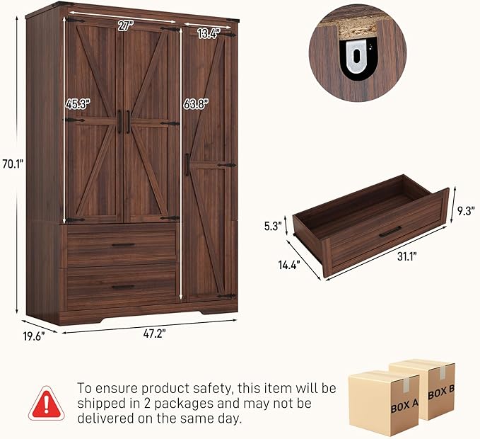 3 Doors Wardrobe Armoire Closet with Doors and Drawers, Farmhouse Wooden Armoire Storage Cabinet with Shelves & Hanging Rod for Bedroom, Brown