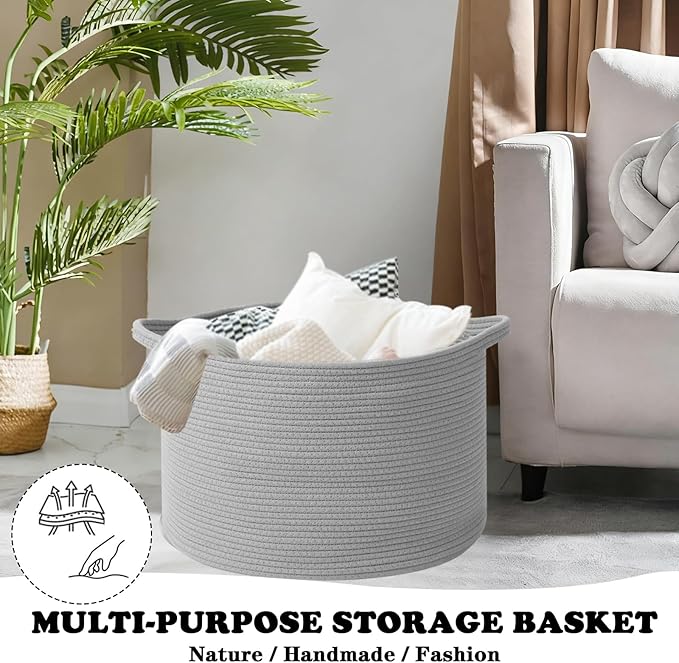 Large Storage Basket with Handle,23.6" x 23.6" x 15.7" Blanket Basket Storage Bins for Organizing,65L Cotton Rope Woven Baskets for Living Room, Nursery,Bedroom,Light Gry