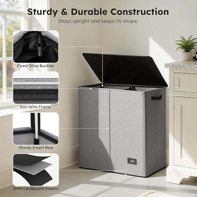 SOLEDI Large Double Laundry Hamper with Lid, Collapsible Clothes Hamper 2 section with Removable Bags, Space-Saving Laundry Basket for Bedroom, Dorm, College