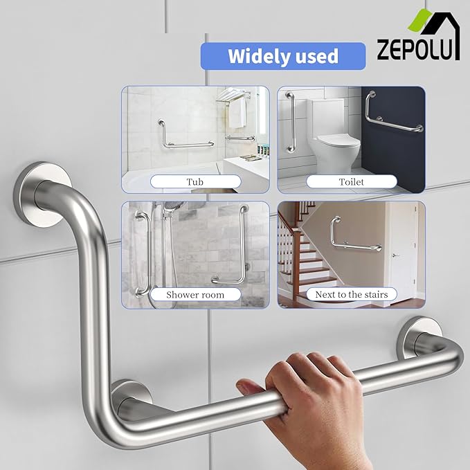 Brushed Nickel L-Shaped Grab Bar 12x24 Inch + Knurled Shower Grab Rail 20 Inch, Zepolu Stainless Steel Toilet Safety Bar 90 Degree, Angled Balance Support Assist Bar, Bathroom Mobility Aid Handrail