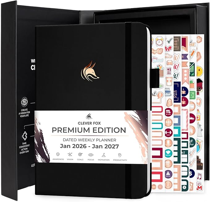Clever Fox Dated Planner Premium 2026 – Weekly Agenda for Planning & Time Management –Notebook with Habit Tracker & To-do List (Black)