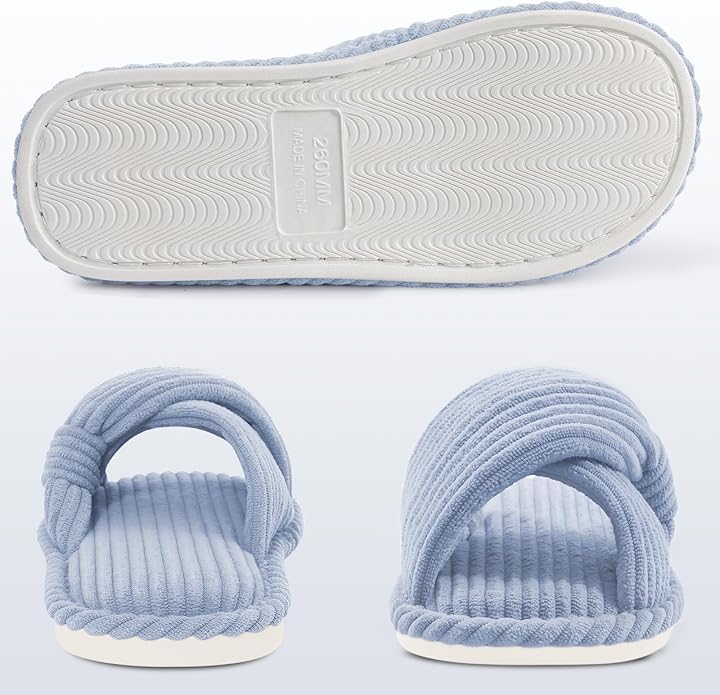 Evshine Fall House Slippers for Women Corduroy Cross Bow Indoor Slippers Open Toe Slip On Bedroom Shoes with Memory Foam