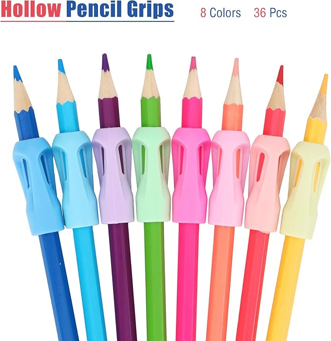 Ergonomic Pencil Grips 36 Packs with 8 Colors, Hollow Trigonal Pencil Holders for Kids Handwriting, Toddler Silicone Pencil Cushion Grippers, Gel Pen Grips for Adults Writing Aid