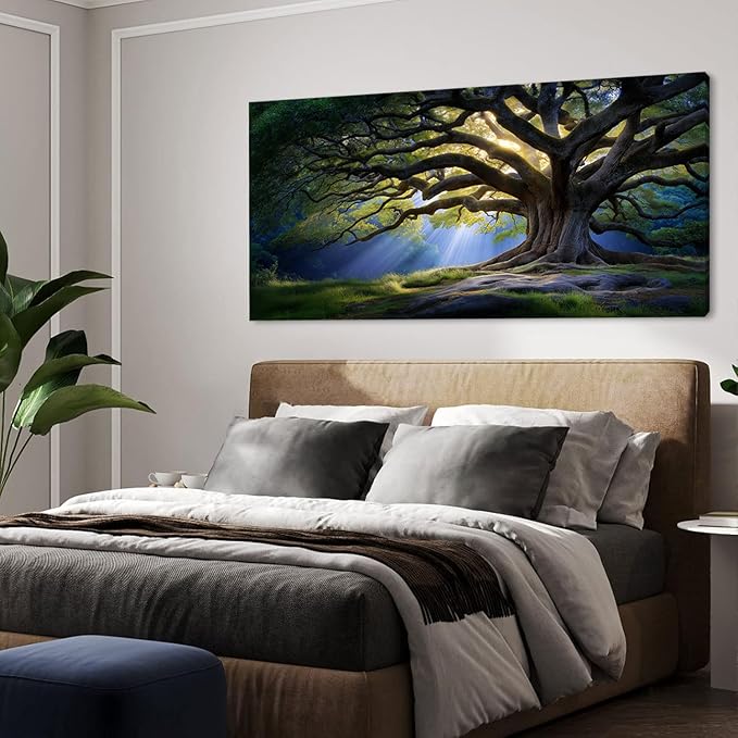 Beautiful Green Tree Scenery Wall Art for Living Room Office Scenic Landscape Nature Art Deco Brown Painting Prints Elegant Canvas Artwork Over The Couch Bedroom Decor Extra Large