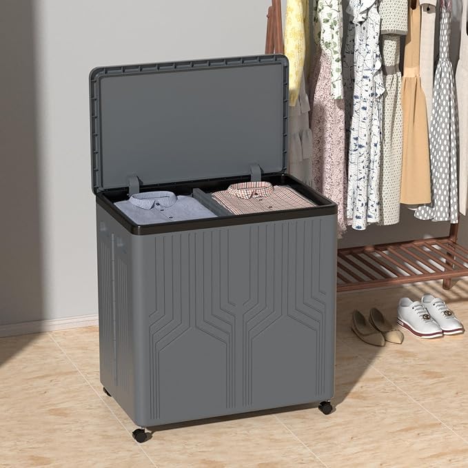 2 Section Plastic Laundry Hamper with Wheels, 120 L Collapsible Clothes Basket with Lid, Grey