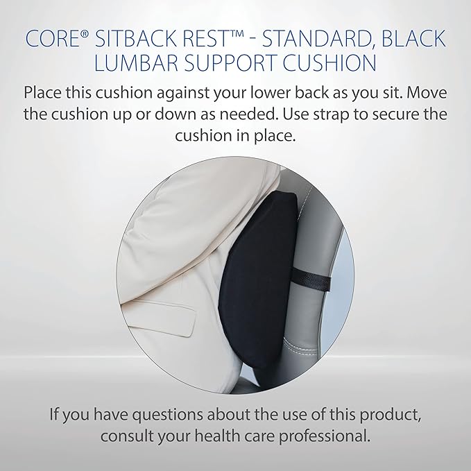 Core Products Sitback Rest Cushion Lumbar Support for Lower Back & Office Chair, Adjustable Strap Contoured Foam, Black - 13" x 14" x 5", Made in The USA