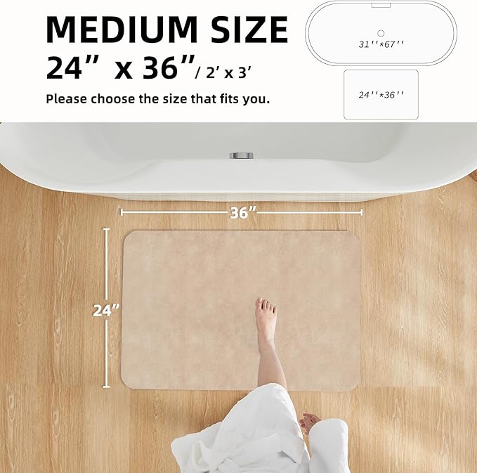 Bathroom Mat Quick Dry, Bathroom Rugs Non Slip Washable Thin Absorbent Bath Mat Fits Under Door Bathroom Floor Mat Perfect for Bath, Shower, or Sink 24"x36" Beige