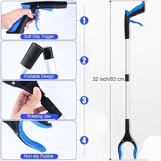 6 Pack 32 Inch Commercial Trash Grabber for Elderly Assist, Heavy Duty Lightweight Reacher with Ergonomic Handle & Non-Slip Grip, Multi-Use Outdoor Home Garden Cleanup Mobility Aid Tool (6, Blue)