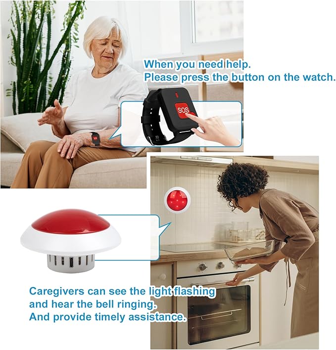 Wireless Caregiver Pager Watch Call Button Strobe Light System for Elderly Disabled Person Life Emergency Alert in Home Hospitals Nurse with 1 Call Light and 2 Wrist Panic Buttons