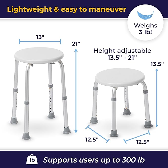 Drive Medical Shower Stool - Adjustable Height - Lightweight Aluminum Construction - 300 Lb Weight Capacity - Compact Tub & Shower Seat - Safety Bath Accessory - White