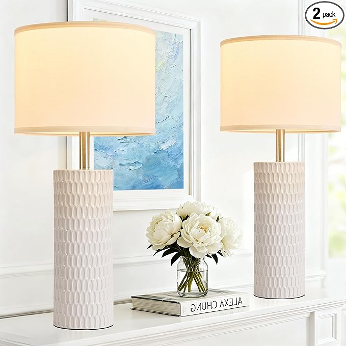 26.5" Ceramic Table Lamp, Table Lamp for Living Room, White Lamp for Bedroom, Night Stand Lamps, Modern Bedside Lamp Set of 2, End Table Lamps, White