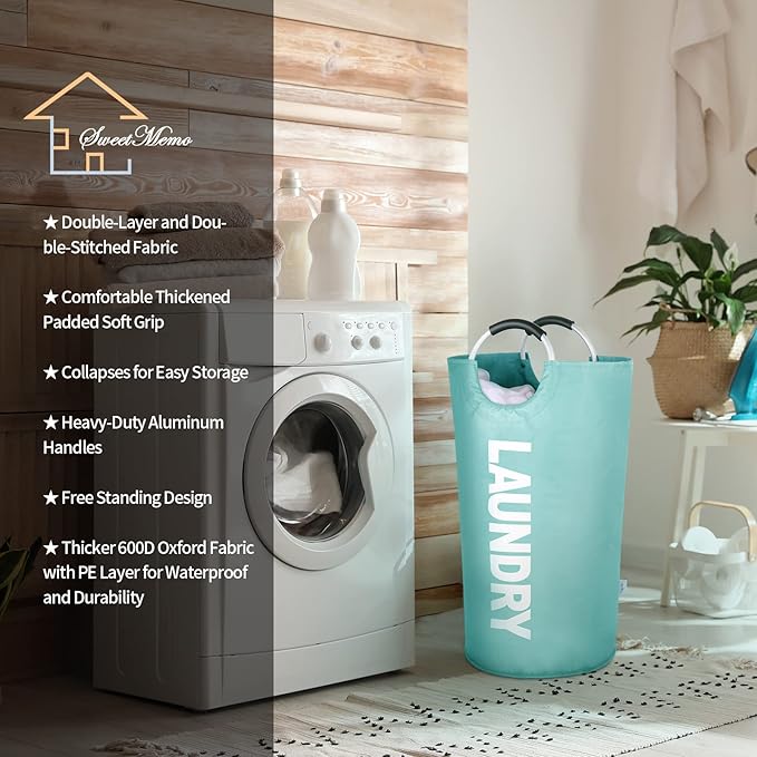 Large Laundry Basket Collapsible，Freestanding Clothes Hamper Bag with Handles – Tall Folding Dirty Laundry Bin，Sturdy Laundry Sorter for College Dorm，Laundry Room – 131L (Light Blue)