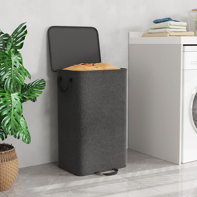 Lifewit Laundry Hamper with Lid and Removable Laundry Bag, Large Collapsible 1 Divider Dirty Clothes Basket with Handles for Bedroom, Laundry Room, Closet, Bathroom, College, 100L Black