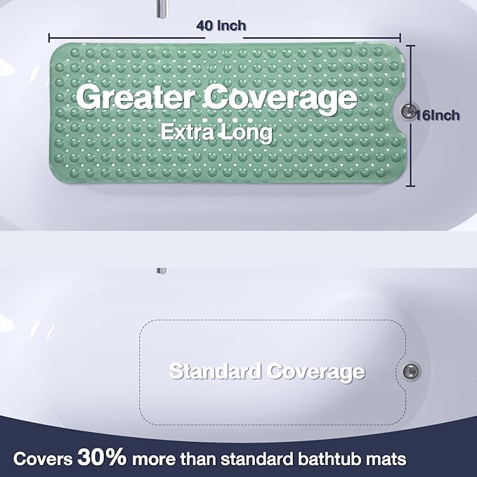 Extra Long Bathtub Mat Non Slip, MARRS Green Soft Bath Mat for Tub 40 x 16 Inch Full Size, Bath Tub Shower Mats for Bathroom Floor, Big Suction Cups and Drain Holes, Easy Washable, BPA Free