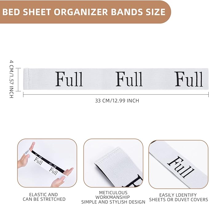 4PCS Bed Sheet Organizer Bands, Storage Labels and Sheet Keepers for Linen Closet - Elastic Bedding Straps for Foldable Bedsheet, Pillow Case, Duvet (Full)