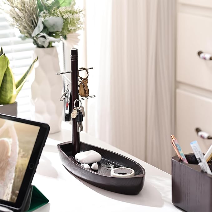 Entryway Key Holder Stand, 4 Metal Key Hooks and Storage Tray, Ash Solid Wood Decorative Boat Shape Tabletop Key Rack, Small Accessory Organizer and Hanging Stand.