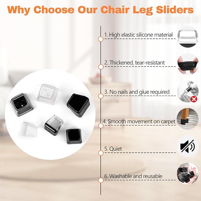 28 Pcs Chair Leg Sliders for Carpet Rug, Square Chair Glides, Silicone Furniture Leg Protectors Caps Kitchen Table Feet Covers with Plastic Pads, No Scratches (Fit:1-1/2"~1-3/4", Clear)