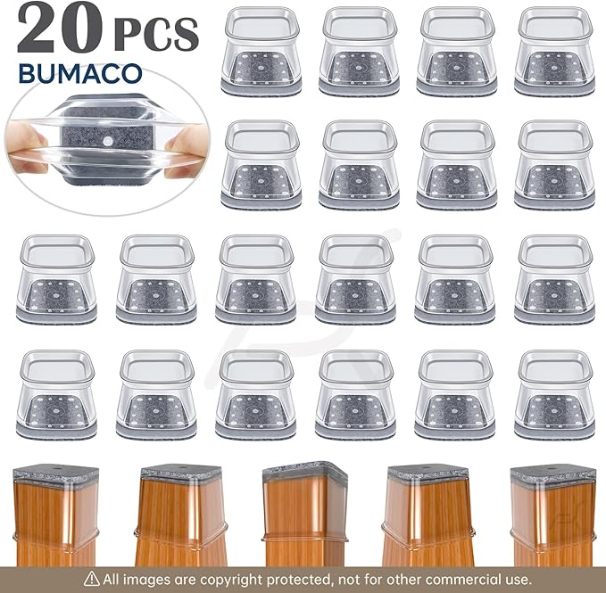 BUMACO Chair Leg Floor Protectors Square Chair Leg Protectors for Hardwood Floors Silicone Pads Covers to Protect Floors Clear-20 Pcs Square XL (1-5/8" to 2")