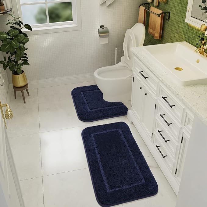 LOCHAS Bathroom Rug Set Navy, Soft Bath Rug Set 2 Piece, Toilet Mat U-Shaped 20x20 and 34x20 Bath Rugs, Quickly Dry Mats for Bathroom, Tub, Washable, Super Absorbent Floor Mat