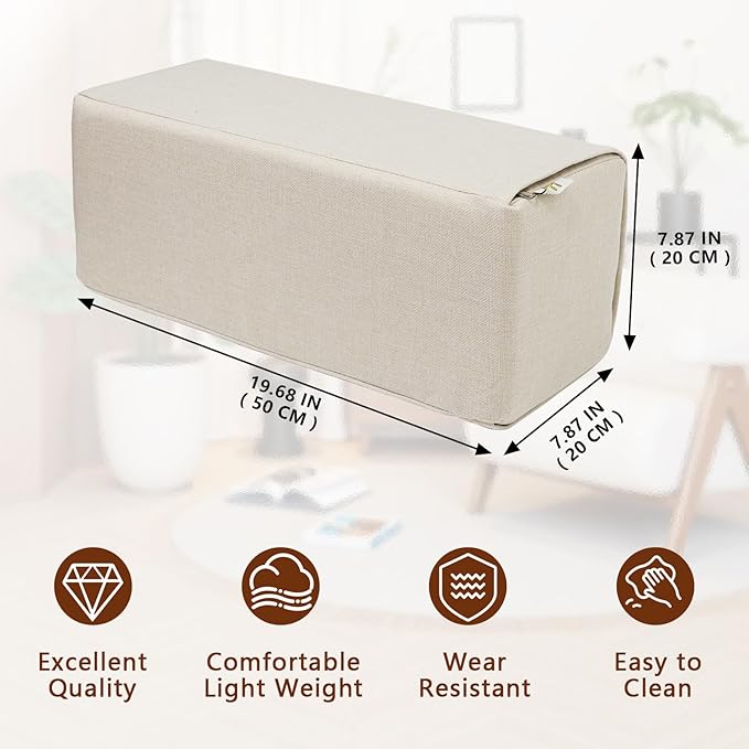 2 Pack Couch Arm Rest Pillow, 8''x8''x20'' Linen Cover, High Density Foam Armrest Cushion, Removable & Washable Elbow Support for Sofa, Bed, and Armchair (Beige)