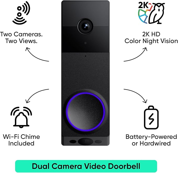 WYZE Wireless Duo Cam Video Doorbell (Chime Included), Battery Powered, 2K Full HD Video, 2 Cameras (People and Package), 2-Way Audio, Color Night Vision