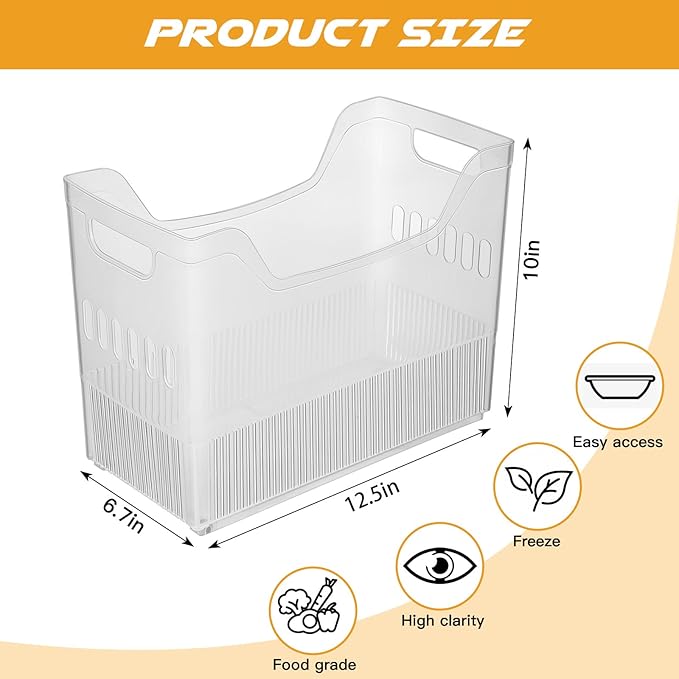 4 Pcs Plastic Freezer Organizer Bins with Wheel Tall Narrow Kitchen Pantry Organizer Snack Storage Containers for Office Refrigerator(10 x 12.5 x 6.7 Inch)