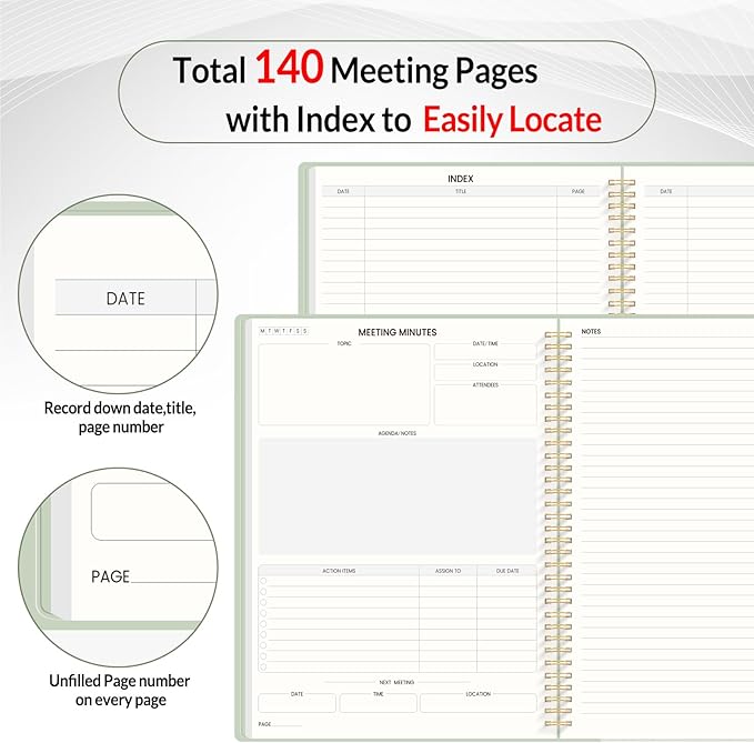 SUNEE Half Meeting Half Note 8.5"x11" Notebook for Work – 140 Pages, A4 Size Project Planner for Women&Men, Minutes Organizer for Meeting Notes, Ideas for Office/Business, PVC Waterproof Cover, Green