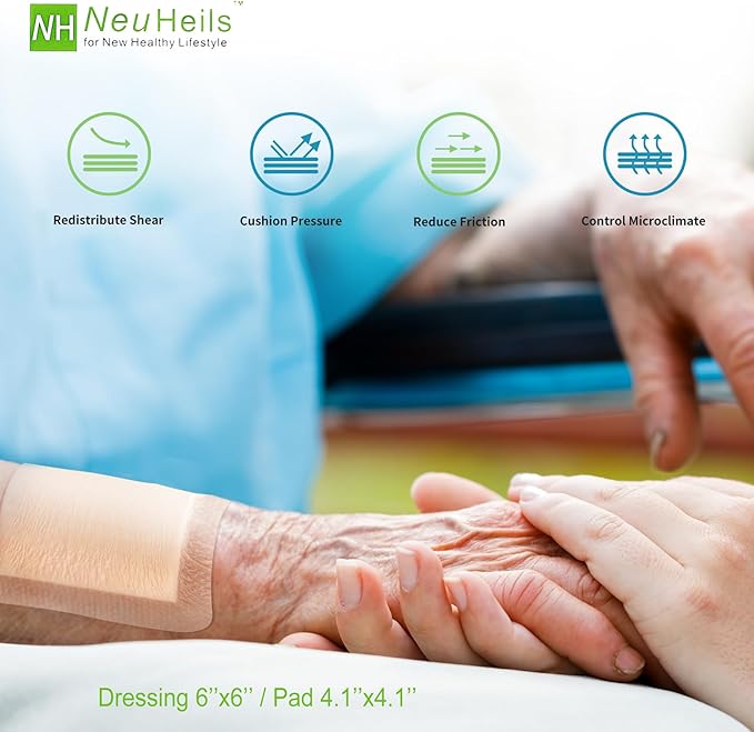 Silicone Adhesive Foam Dressing with Gentle Border 6''x6'', 10 Packs for Bed Sore Leg Ulcer, High Absorbency Waterproof Silicone Wound Bandages by NeuHeils