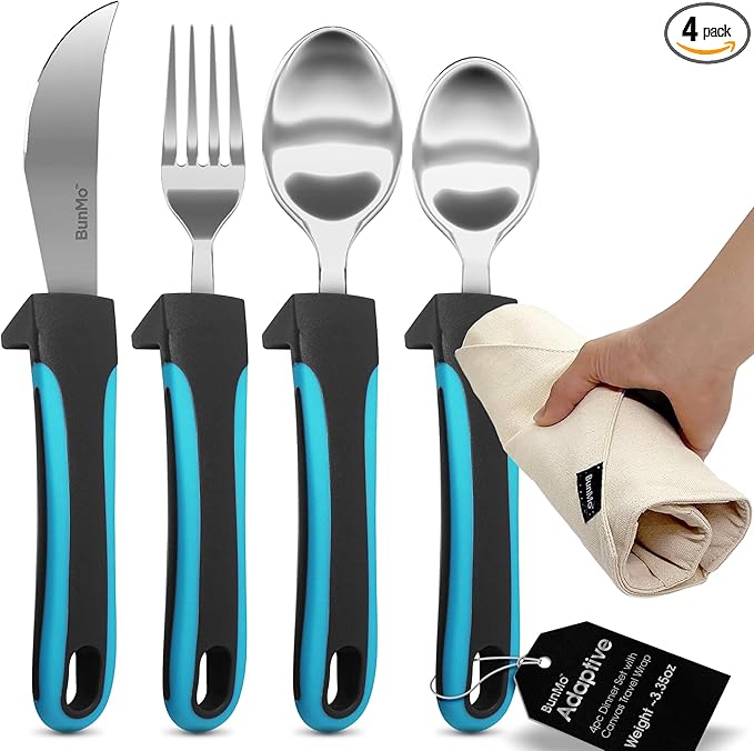 BUNMO Adaptive Utensils for Elderly, Arthritis, Weak Hand Grip, Tremors & Handicapped - Convenient Travel Pouch - 3.35oz Lightweight - Stainless Steel - Eat Independently - Adaptive Blue 4 Piece Set