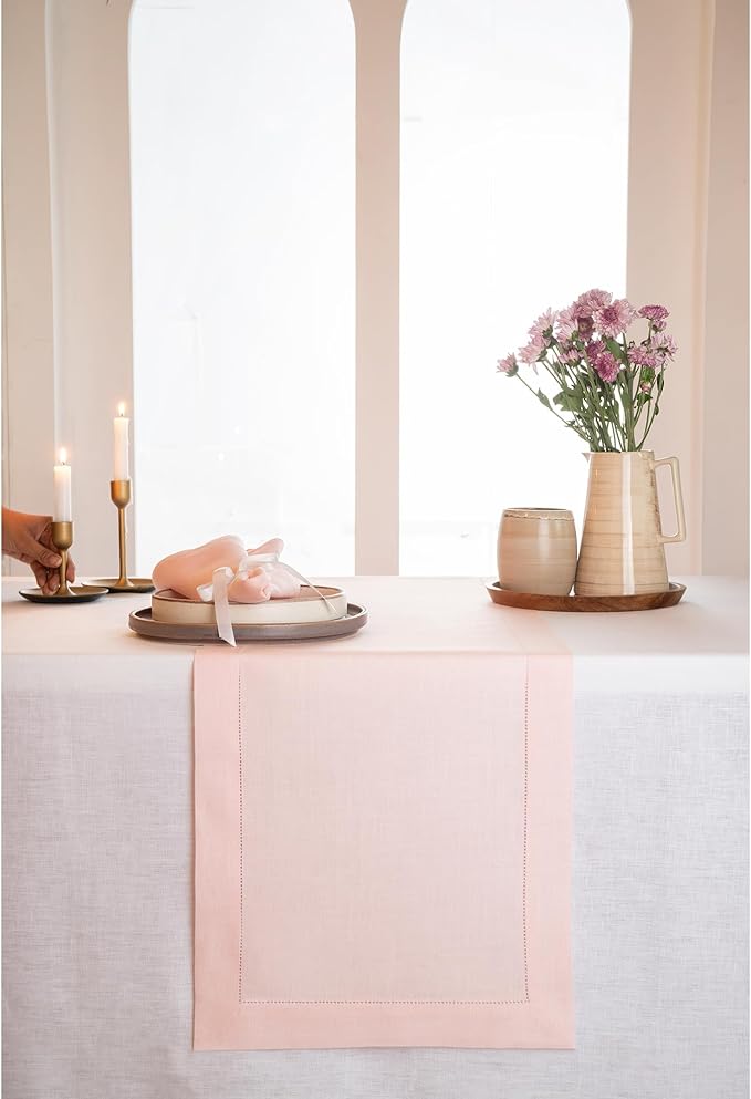 D'Moksha Homes Linen Pastel Pink Table Runner 72 Inches Long - 100% Pure Linen Hemstitch Table Runner 14 x 72 Inch for Dresser, Dining, Valentines, Spring, Easter - Classic Hemstitch